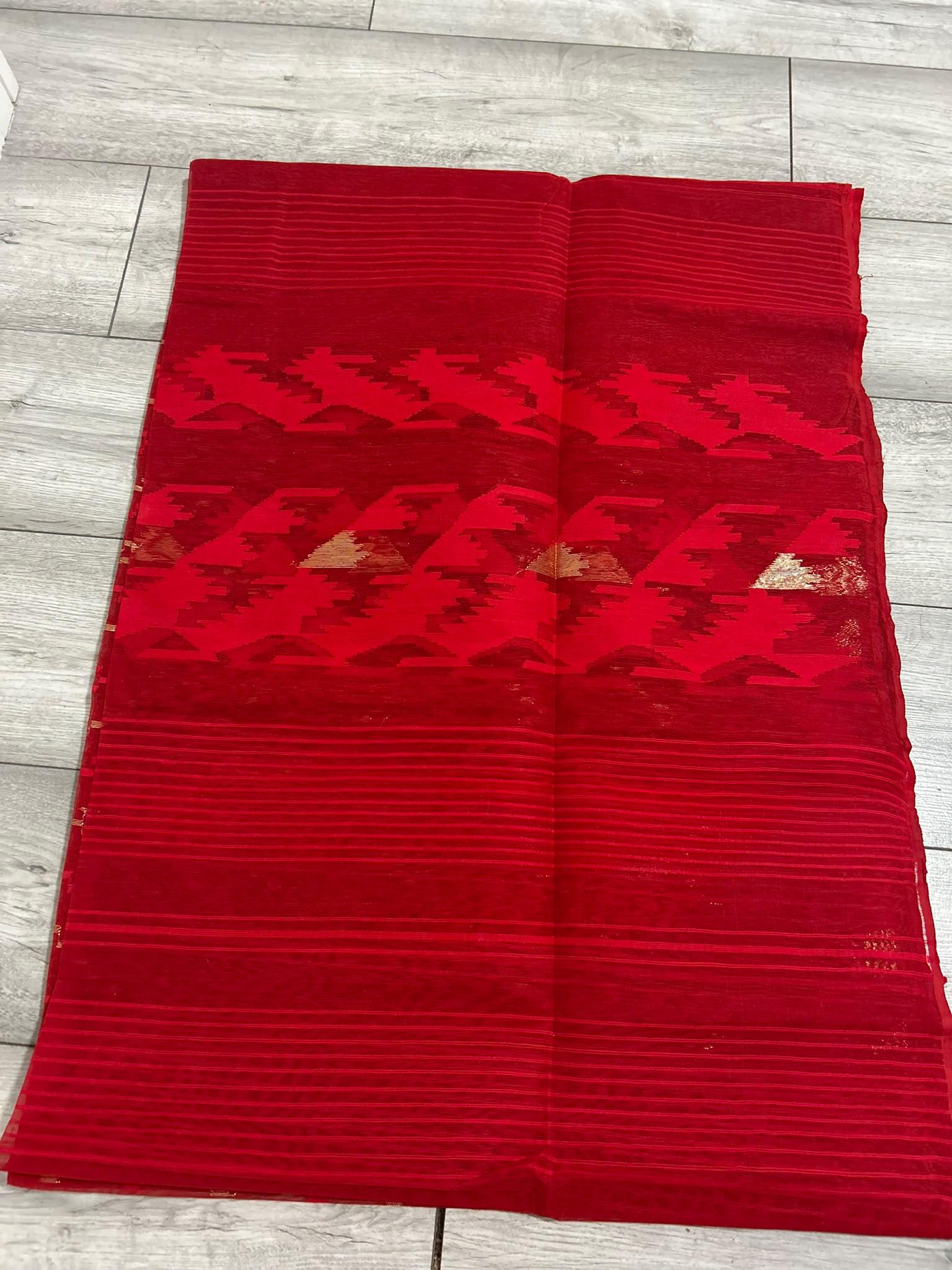 Dhakai Jamdani Radiant Red Chevron  Saree