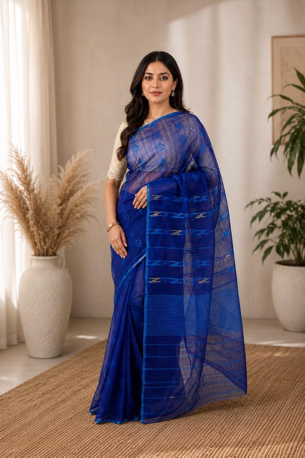 Dhakai Jamdani Elegant Royal Blue Saree