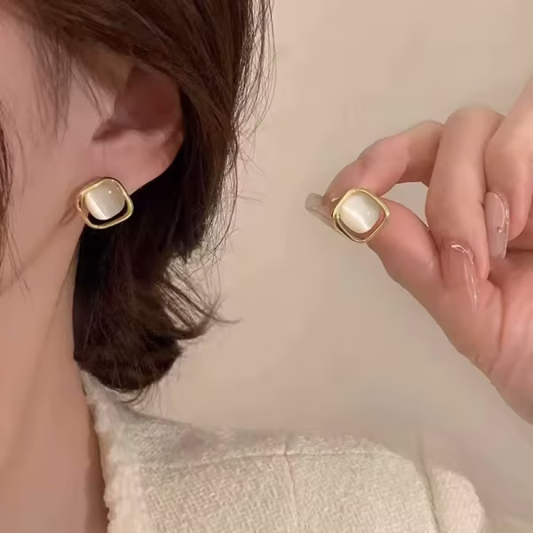 Elegant Gold-Framed Opal Square Stud Earrings