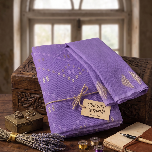Exquisite Handwoven Lavender Dhakai Jamdani Saree