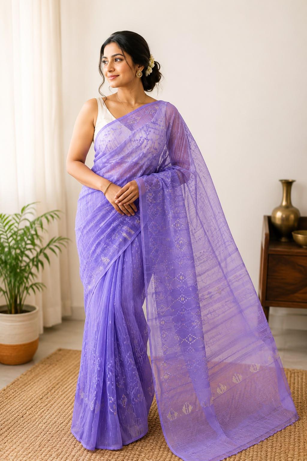 Exquisite Handwoven Lavender Dhakai Jamdani Saree